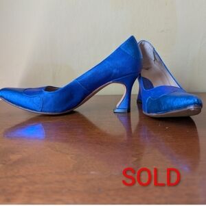 Fluevog Custom Big Presence Desmond Pump Sz 8.5 Blue Linen Metallic Leather